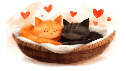 Cozy cats in basket surrounded by hearts in peaceful slumber. The 14th of February. Happy Valentine's Day