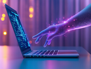 Poster - Hologram hand interacting with laptop displaying futuristic code