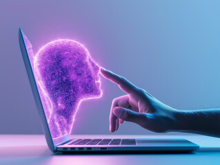 Leinwandbilder - Human hand touching digital face emerging from laptop screen: artificial intelligence concept