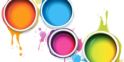 Poster - Colorful paint cans spilling vibrant paint splatters onto a clean white background