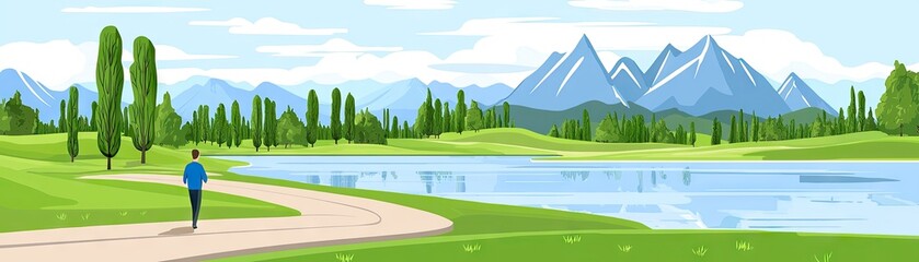 Wall Mural - Man walks path, lake, mountains background.  Peaceful nature scene