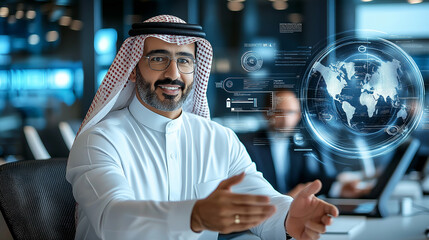 Aufkleber - Arab businessman showing global business and technology hologram in office meeting