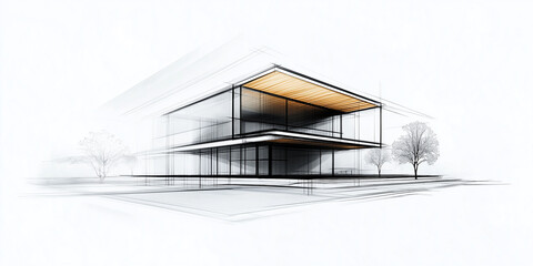 Aufkleber - Modern architectural sketch depicting sustainable building design with wooden roof
