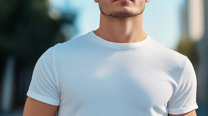 Poster - Man wearing white t-shirt outdoors, perfect for mockup design