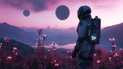Wall Mural - astronaut exploring bioluminescent alien forest on distant exoplanet with multiple moons
