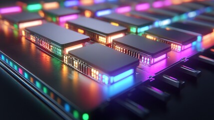 Poster - Illuminated Computer Microchips on Circuit Board for Technology concept
