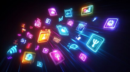 Glowing digital symbols in abstract form, representing the essence of modern coding and technology.