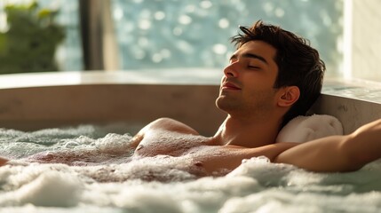 Poster - In a luxurious spa, a man indulges in a relaxing bath. Bubbles surround him as he leans back against a soft headrest, soaking in the calming atmosphere and gentle warmth
