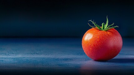 Wall Mural - Juicy Red Tomato on Dark Blue Background   Fresh Produce  Food Photography