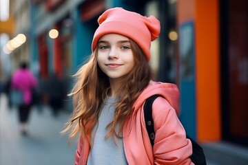 Wall Mural - Portrait of a beautiful teen girl in pink hat and coat.