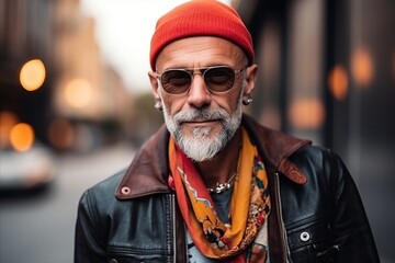 Wall Mural - Portrait of a senior hipster man in the city street.