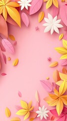 Poster - Colorful paper leaves and flowers border on pink background. Decorative