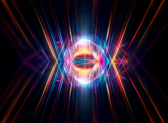 Wall Mural - abstract image: a central luminous orb radiates vibrant orange, blue, and pink light rays on a dark 