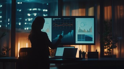 Poster - Businesswoman analyzing financial data on screen late at night in office