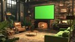 © Magnetix Art - Cozy Rustic Living Room with Green Screen Fireplace and Plants