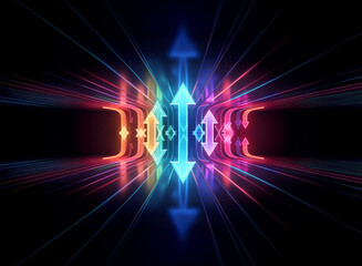 Wall Mural - vibrant light rays emanate from the center, forming abstract shapes with arrows on a dark backdrop. 