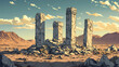 © Thiago - A group of three weathered, broken stone pillars on a pile of rubble in a desert setting. Pillars of Forgotten Time. Illustration