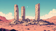 © Thiago - A group of three weathered, broken stone pillars on a pile of rubble in a desert setting. Pillars of Forgotten Time. Illustration
