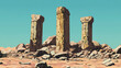 © Thiago - A group of three weathered, broken stone pillars on a pile of rubble in a desert setting. Pillars of Forgotten Time. Illustration