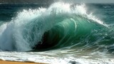 Powerful ocean wave crashing onto sandy beach under a hazy sky, evoking tranquility and nature's force