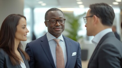 Poster - A multi-ethnic corporate team engages in a dynamic conversation, showcasing collaboration and unity in a bright, contemporary office environment during work hours