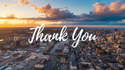 Thank you over a scenic city view at sunset