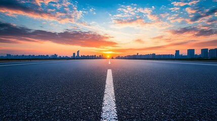 Wall Mural - Sunset Cityscape: Asphalt Road Leading to Urban Skyline at Dusk