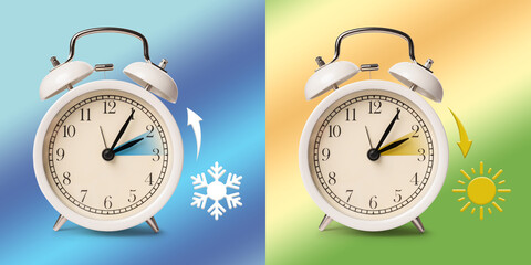Poster - Daylight saving time. White alarm clocks on color background, collage. Highlighted areas and arrows showing time change by one hour forward and back