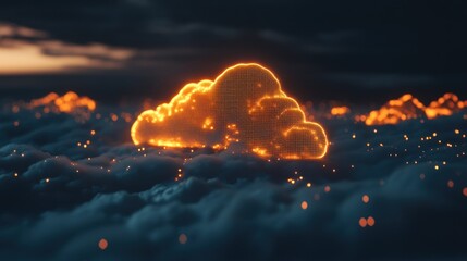 Poster - Illuminated Cloud Symbol Floating in Dreamy Digital Sky, Cloud Computing Concept