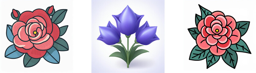 Wall Mural - three flower illustrations: a red rose with green leaves, a blue bellflower bouquet, and a pink came