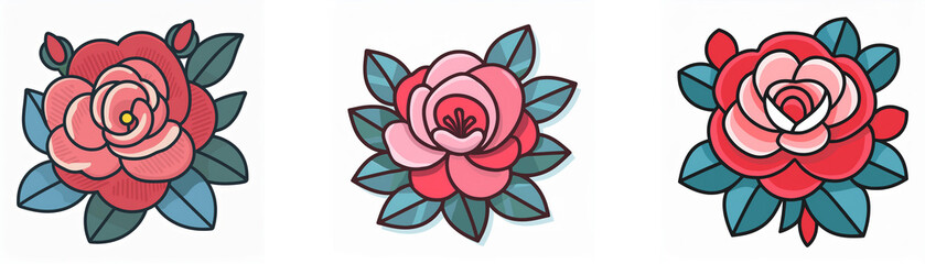 Wall Mural - three cartoonish rose illustrations in red, pink, and white colors with green and blue leaves, arran