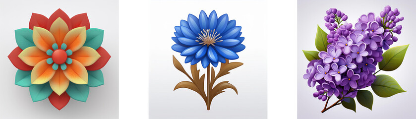 Wall Mural - three floral illustrations are presented: a layered vibrant flower, a blue daisy-like bloom, and a p