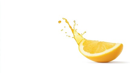 Poster - Slice of lemon spouting juice on plain background. Perfect for food blogs or drink ads