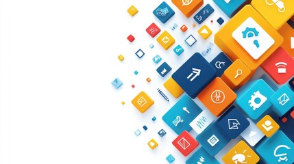 Poster - Vibrant 3D Cubes with Technology Icons Floating on a White Background