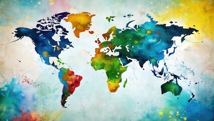 Wall Mural - A Vivid Watercolor World Map Depicting Global Unity and Interconnectedness through Artistic Expression