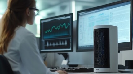 Poster - Scientist Analyzing Data at Her Desk in a Modern Research Laboratory