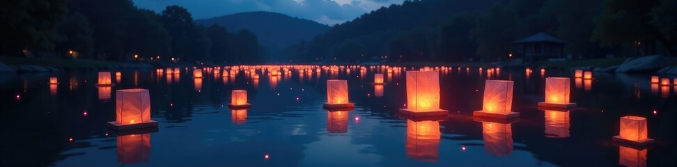 Softly glowing lanterns float above a serene lake at night, peaceful, glowing, night