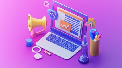 Poster - Isometric Digital Marketing and Communication Concept on Pink Background