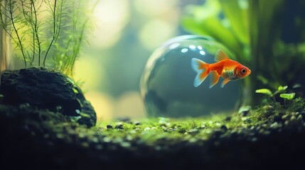 Wall Mural - A Goldfish Swims in a Lush Green Aquarium