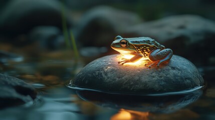 Wall Mural - Illuminated Frog Rests on River Rock at Night