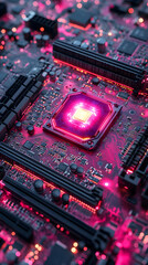 Poster - Close Up View Of Glowing Computer Processor On Circuit Board