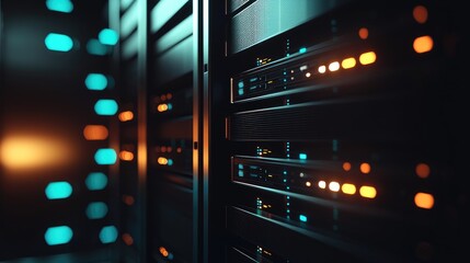 Poster - A close-up view of illuminated server racks in a high-tech data center, glowing with blue and orange LED indicators. Ideal for cybersecurity, cloud computing, and IT infrastructure visuals