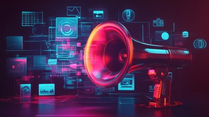 Poster - Digital marketing concept illustration featuring a loudspeaker with social media and online advertising icons, representing brand promotion, content marketing, and audience engagement in a modern busi