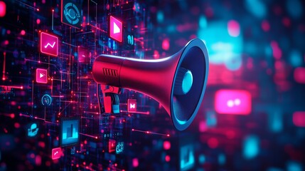 Poster - Digital marketing concept illustration featuring a loudspeaker with social media and online advertising icons, representing brand promotion, content marketing, and audience engagement in a modern busi