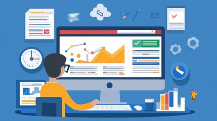 Poster - Specialist analyzing website traffic data on computer screen, interpreting digital marketing analytics to optimize search rankings, improve online visibility, and enhance web performance for effective