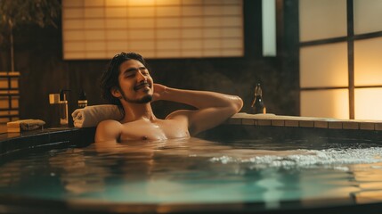 Poster - In a soothing spa environment, a man enjoys a moment of relaxation while immersed in warm water. The ambiance reflects calmness, enhancing his peaceful escape from daily stress
