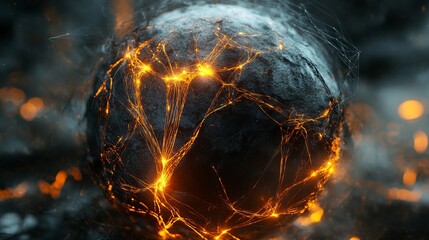 Poster - Futuristic neural network globe with glowing data threads and abstract digital figures representing artificial intelligence, machine learning, and global connectivity in a high-tech business concept i