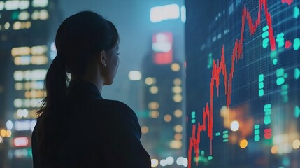 Poster - Finance trade manager analyzing stock market indicators for optimal investment strategy with financial data charts and business skyscrapers in the background, showcasing modern technology in financial