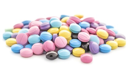 Colorful pills heap on white background