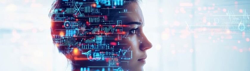 Poster - Close Up Portrait of a Woman with a Futuristic Digital Interface Background Creating an Intriguing Blend of Technology and Human Emotion